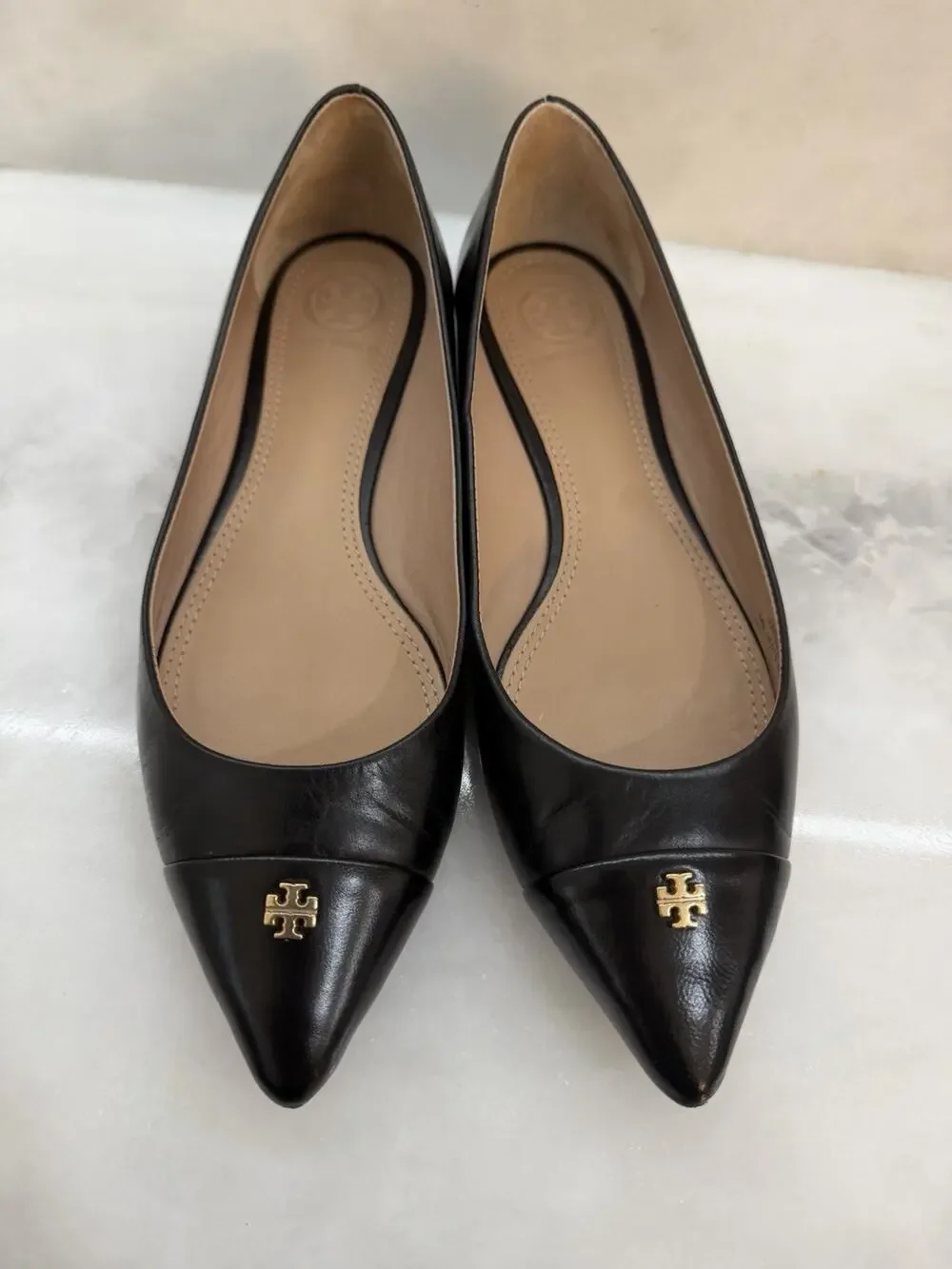Tory Burch Fairford Leather Pointed Toe Ballet Flats Black Gold Logo 6.5 M